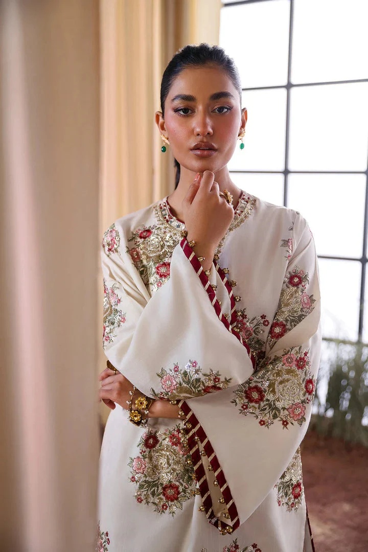 Ethnc - Off White pakistani fashion outfit in white, maroon tones.
